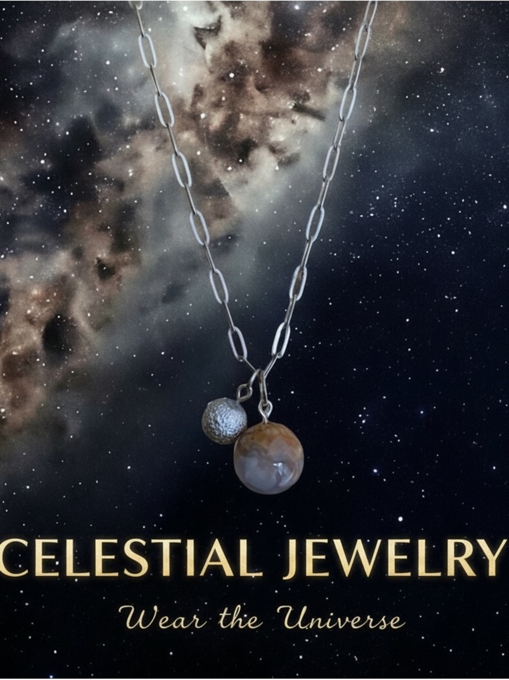 Elegant Silver Tone Necklace with Dual Pendants Earth and Moon.